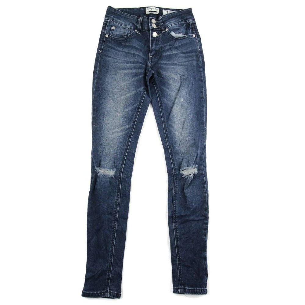 Indigo Rein Womens Skinny Jeans Medium Denim Distressed Knee Low Rise Size 1